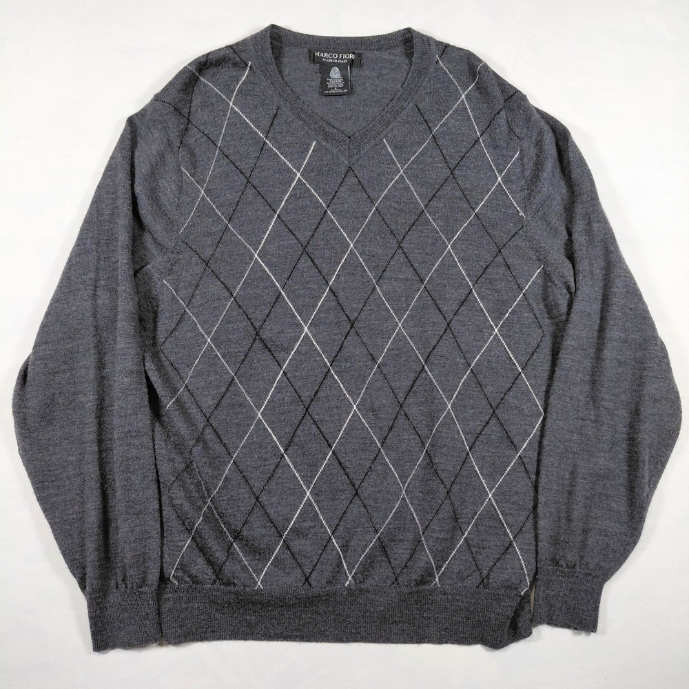 Marco Fiori Mens‎ Large Charcoal Grey Argyle V Neck Merino Wool Sweater - Picture 2 of 9